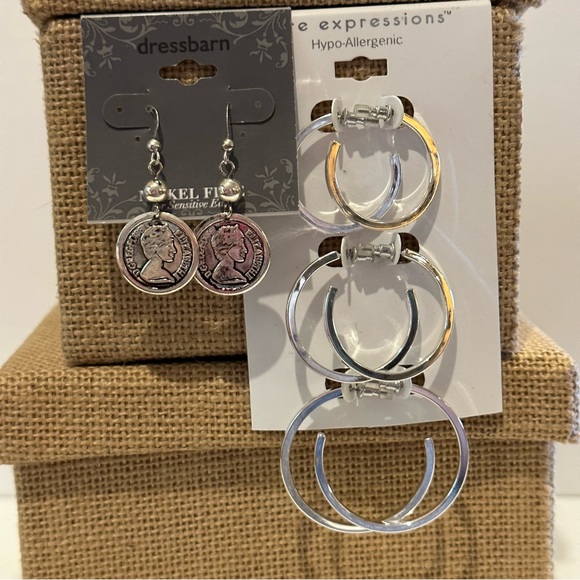 NWT 2 packs -4 total pairs of silver tone earrings. Dress Barn coins; 3 pr hoops - Picture 3 of 11